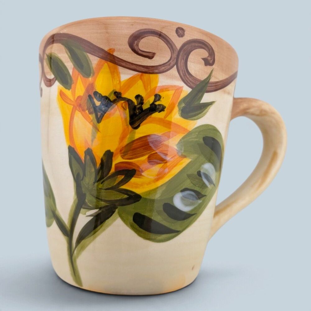 Table Tops Unlimited Sunny Hand Painted Ceramic Coffee Mug Floral 4.25"